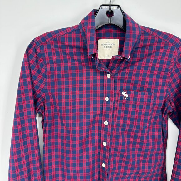 3/$25 Abercrombie & Fitch Plaid Button Down Shirt Top XS Moose Logo Navy Red - Picture 3 of 7
